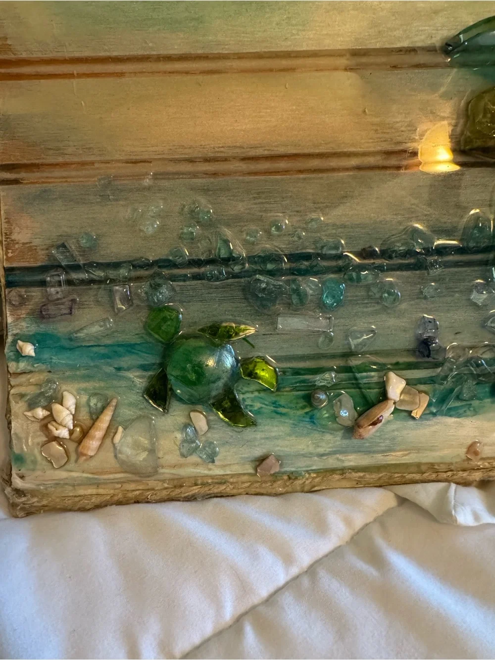 Handcrafted Beach Glass Palm Wall Art - Teal & Brown